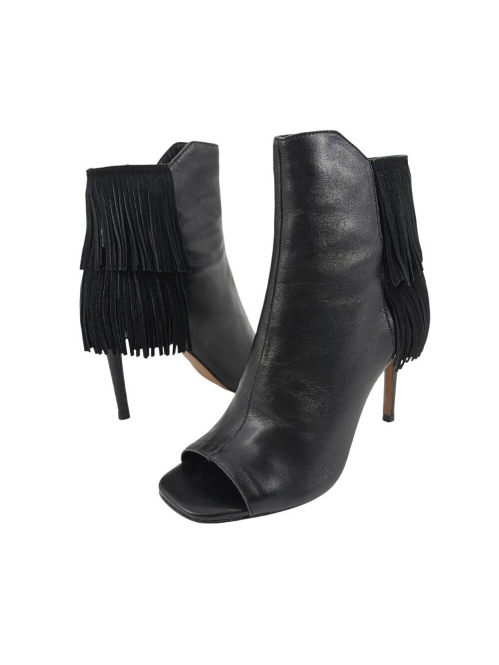 Vince Camuto Amenala Black Fringe Open Toe Booties Stiletto Heels Womens 8M Boho